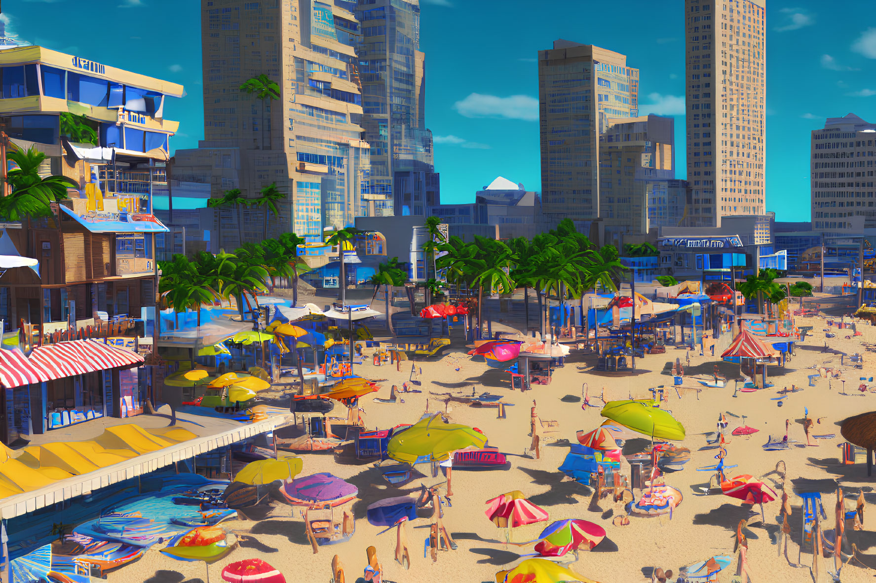 Colorful Beach Scene with Umbrellas and Sunbathers on Boardwalk