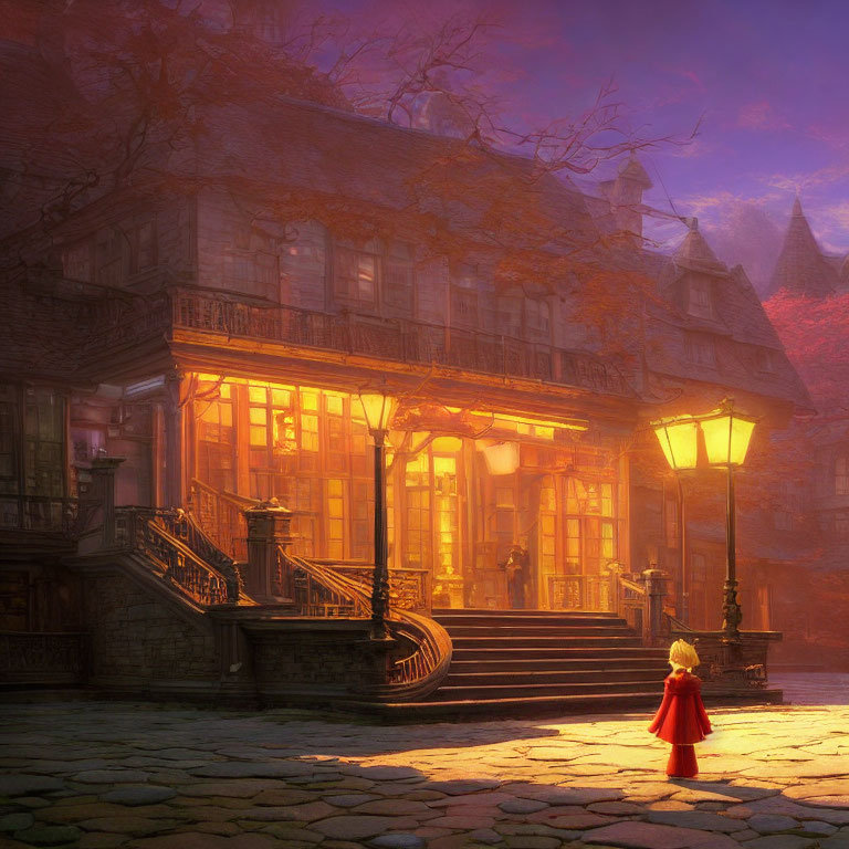 Child in Red Coat Gazes at Cozy Stone House at Twilight