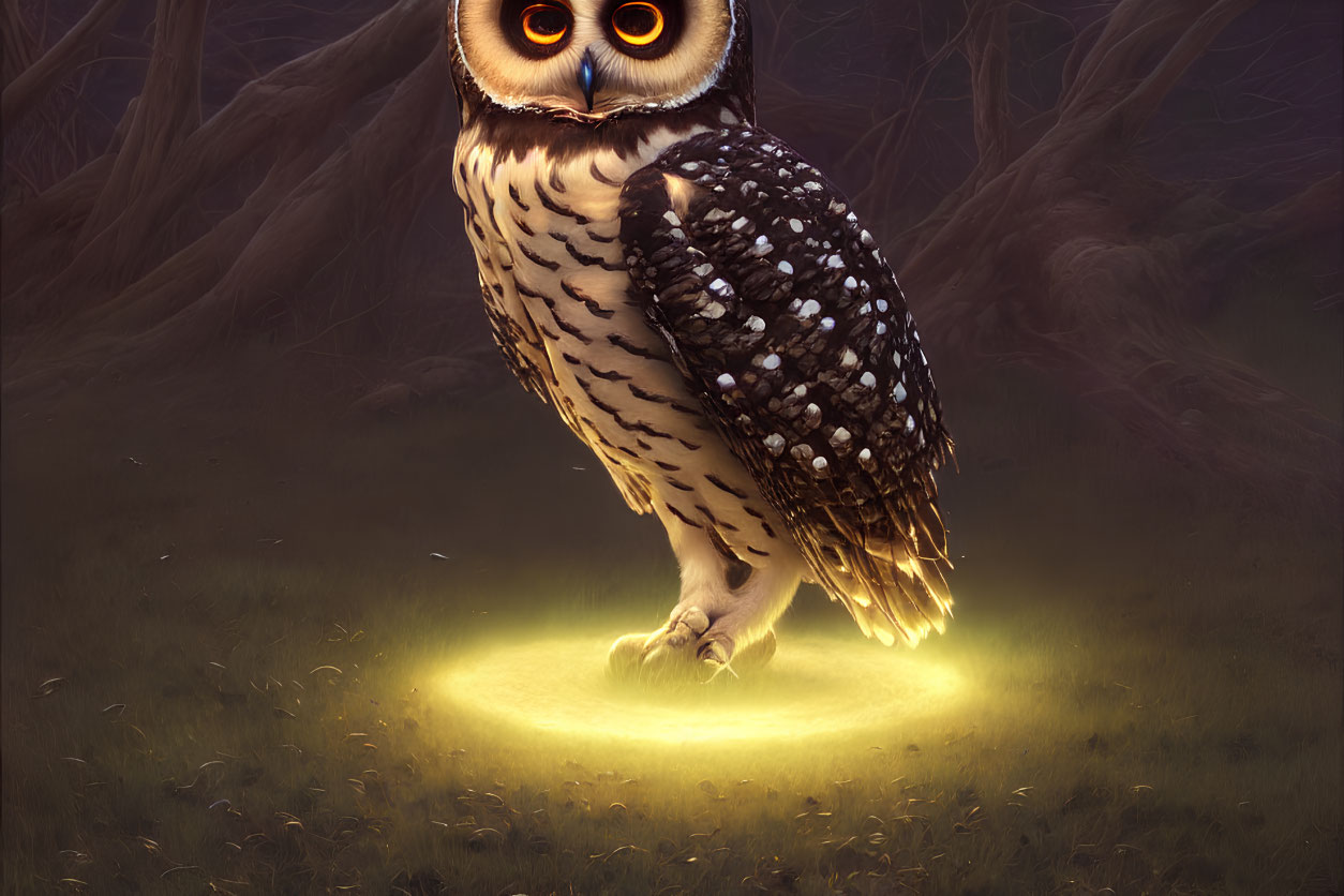 Majestic owl with glowing eyes in luminous forest circle