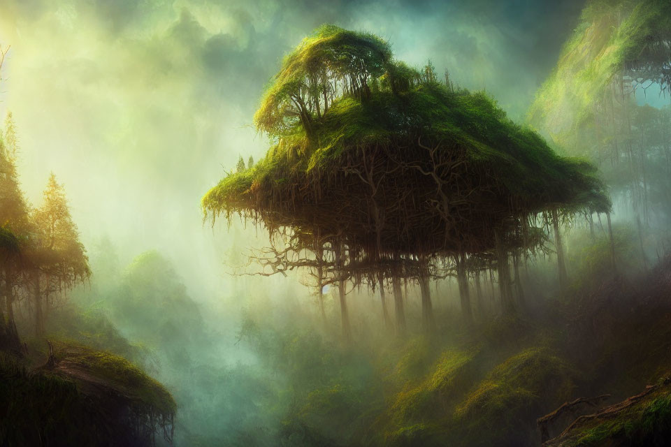 Mystical floating island above lush forest with misty aura