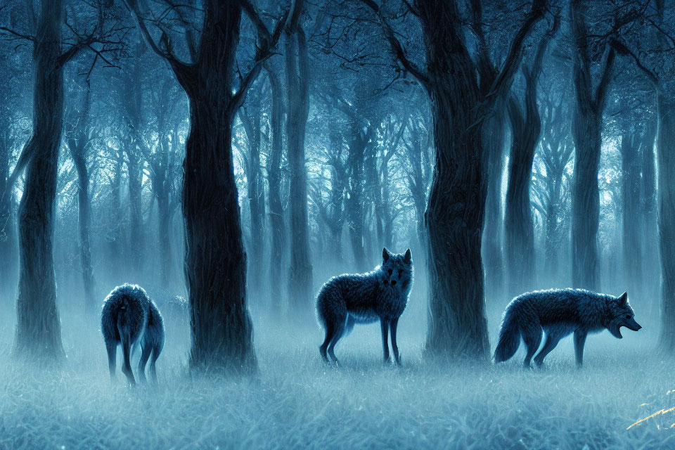 Mystical blue forest with three wolves in foggy setting