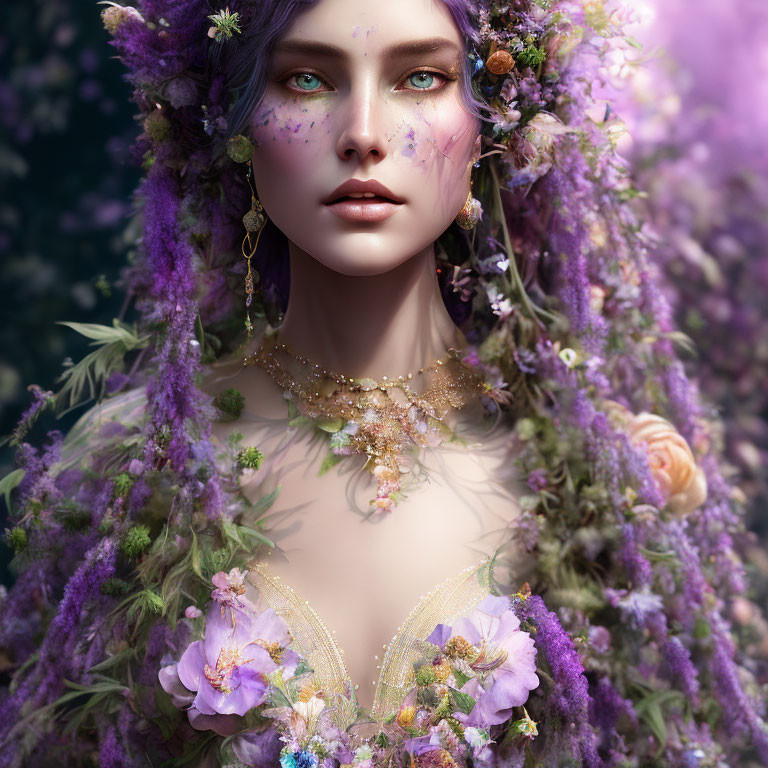 Fantasy-themed portrait of woman with purple floral embellishments