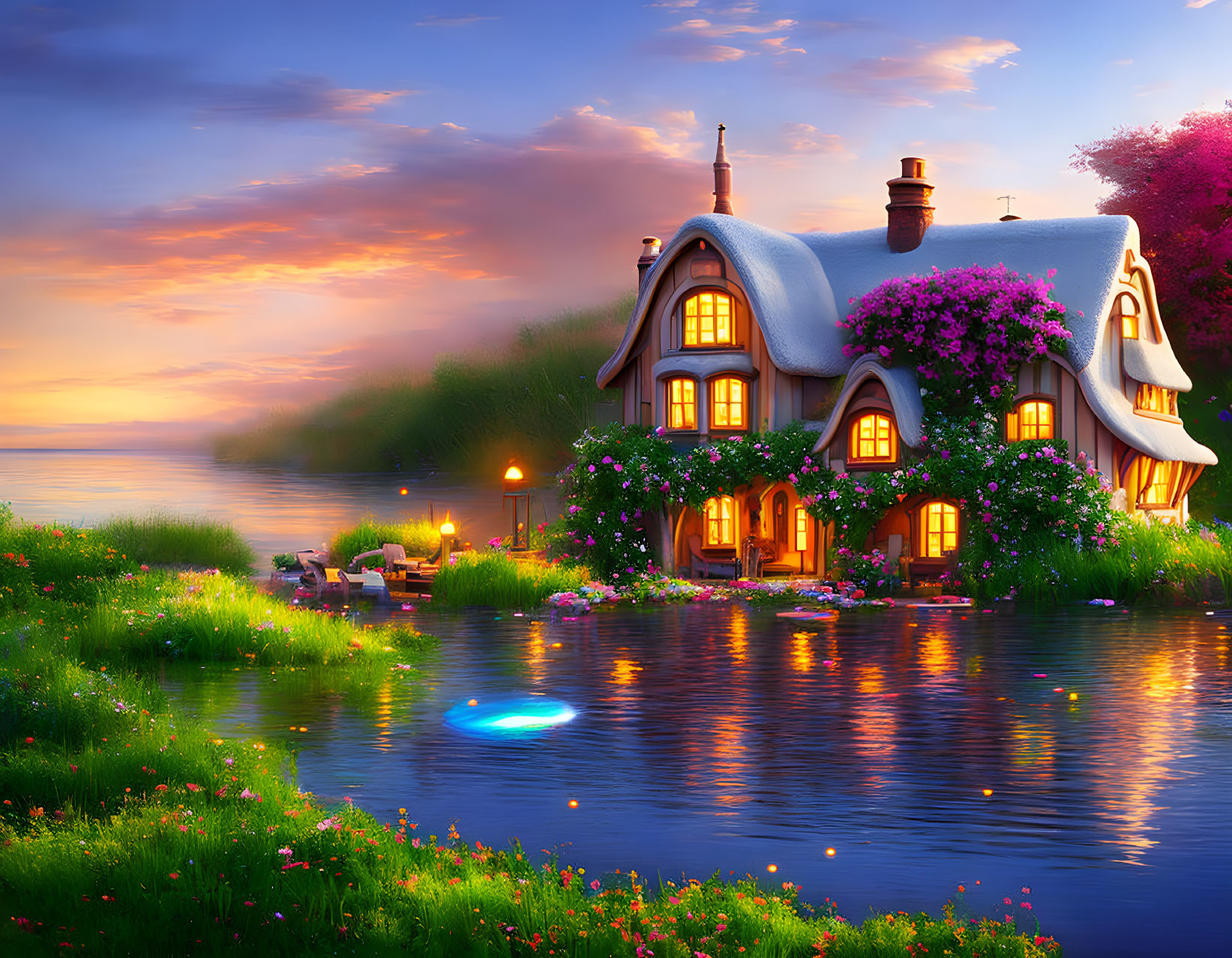 Scenic cottage by lake with glowing windows and vibrant flowers