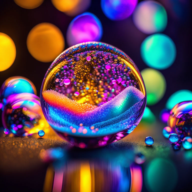 Crystal Ball with Colorful Bokeh Lights and Reflections