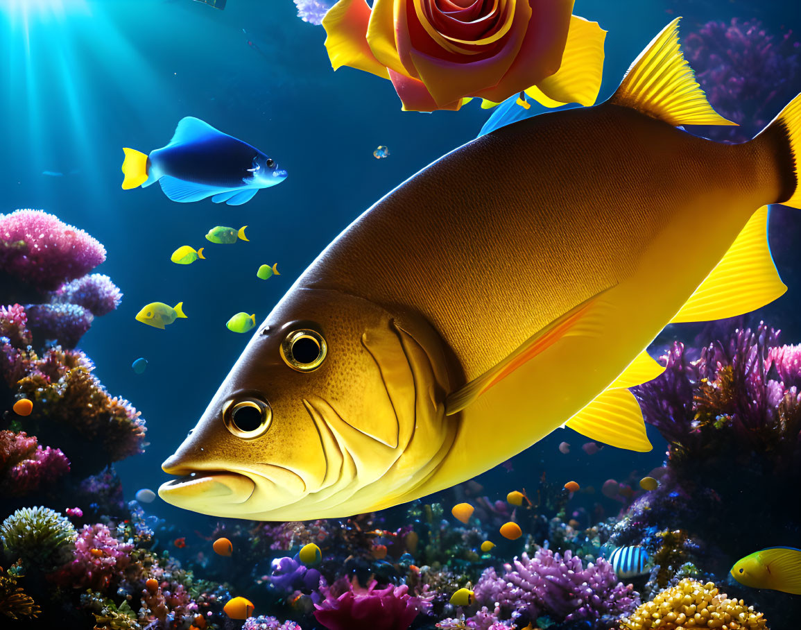 Colorful underwater scene with large yellow fish, vibrant coral, and sunbeams