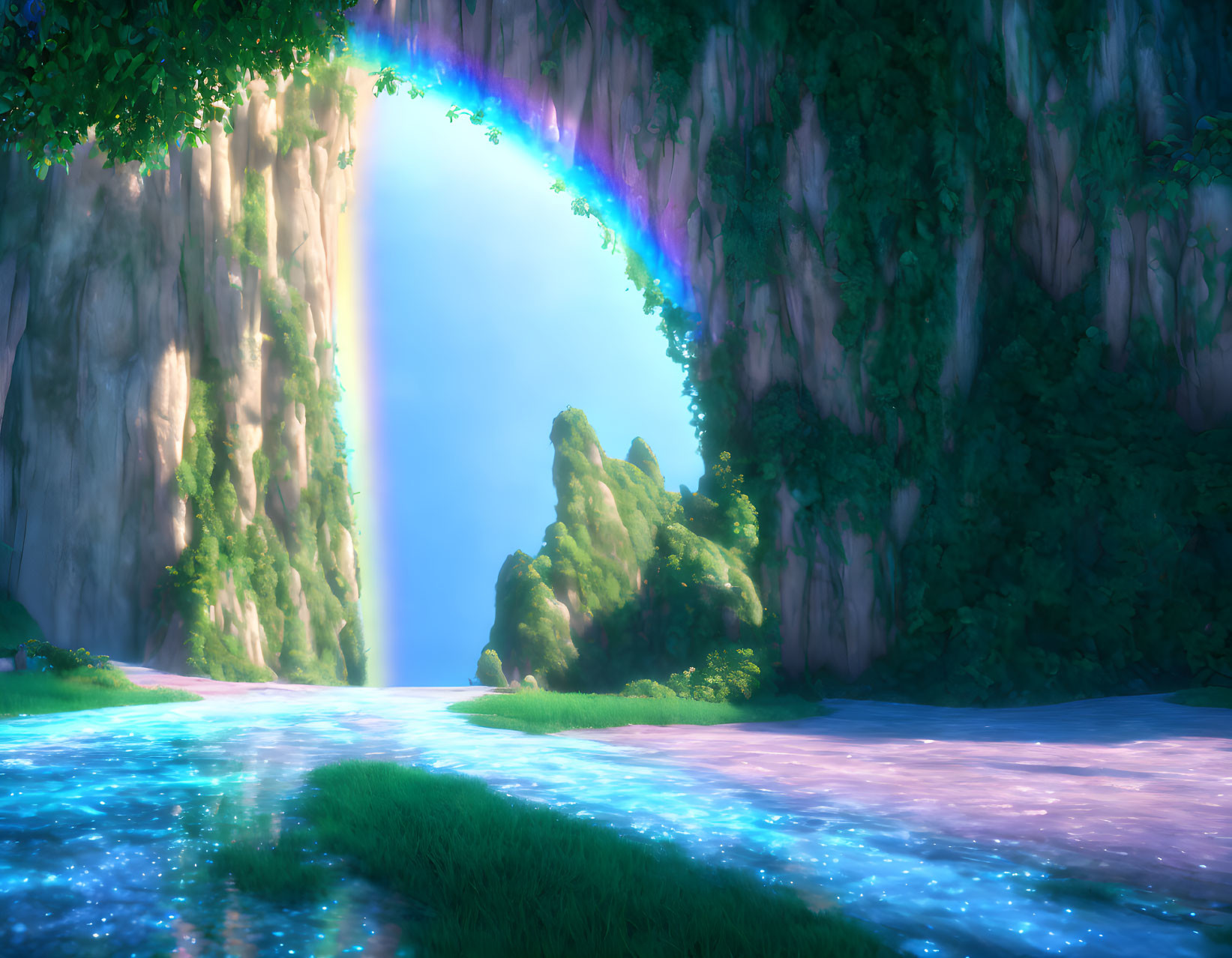 Tranquil animated landscape with waterfall, rainbow, and lush greenery