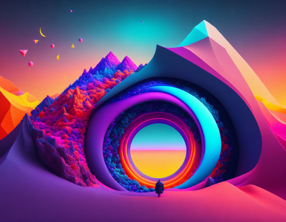 Vibrant surreal landscape with neon-lit mountains and circular portals