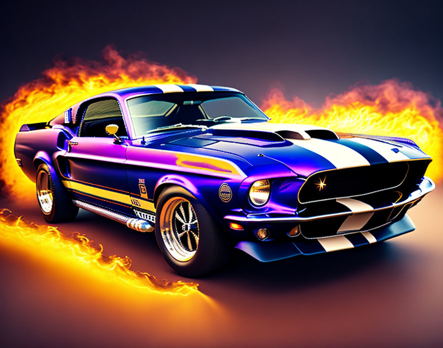 Blue Shelby Mustang Racing with Orange and Yellow Flames