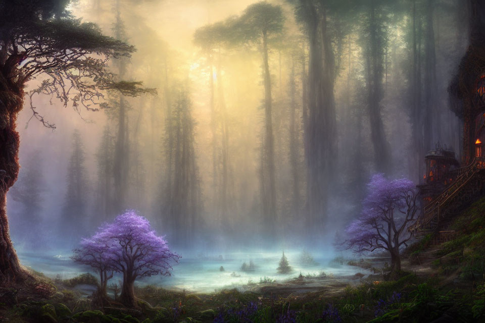 Enchanting forest scene with fog, tall trees, cabin, purple trees, and blue pond