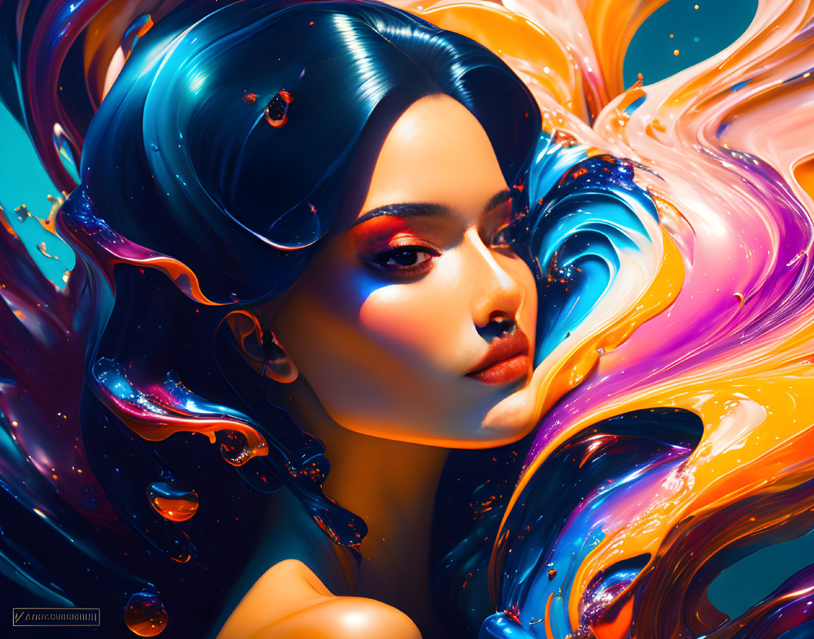 Vibrant blue-haired woman in swirling colorful patterns