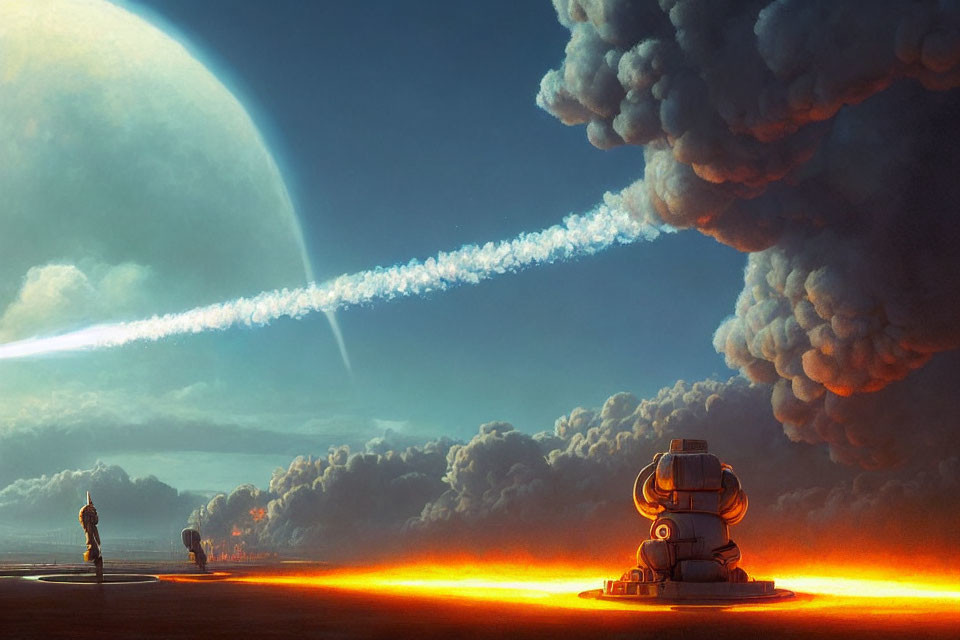 Sci-Fi Landscape: Person Watching Spaceship Launch on Giant Planet