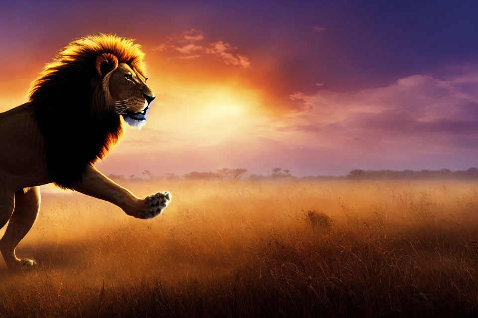 Majestic lion walking on misty savanna at sunset