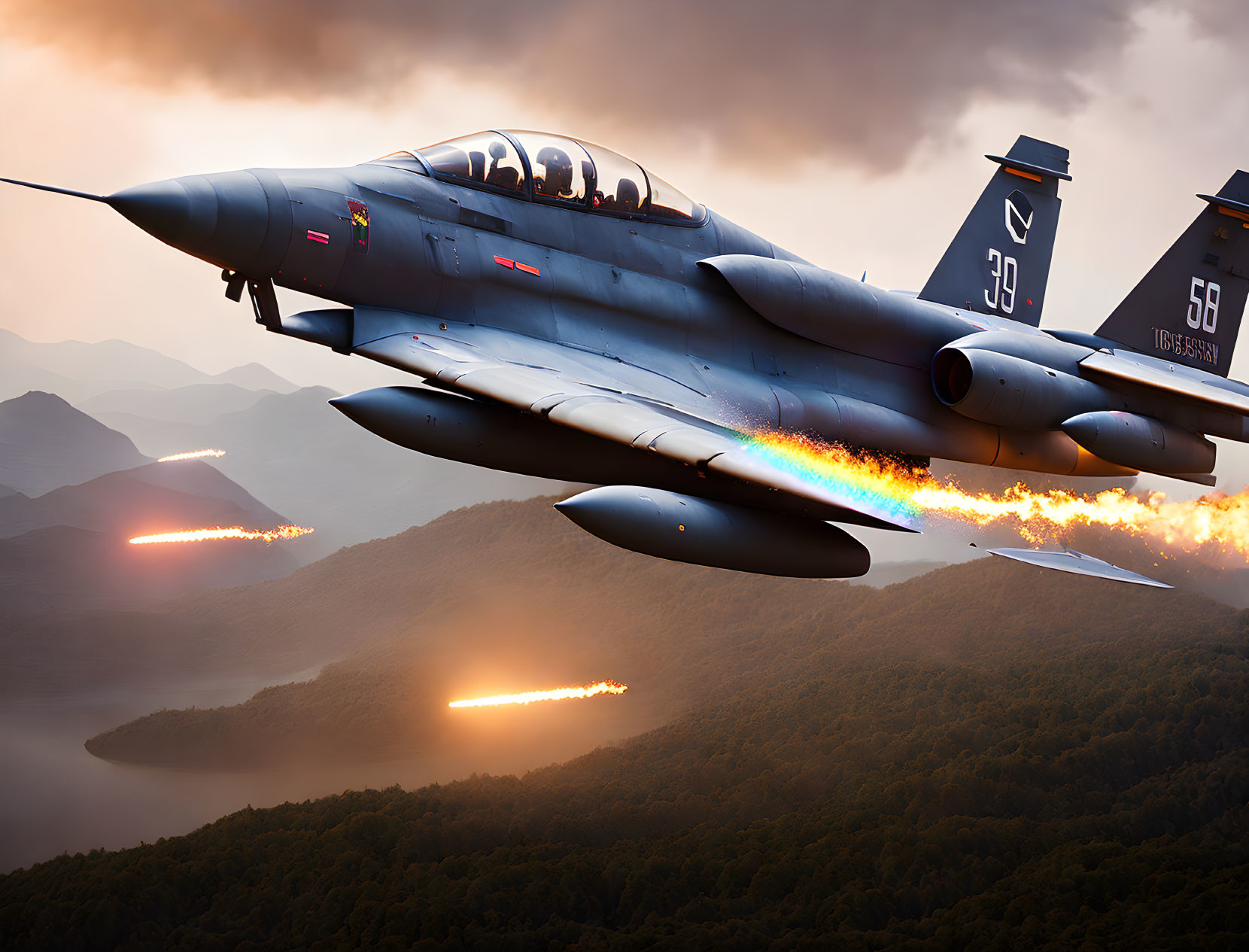 Military fighter jets flying at sunset, one releasing flares over mountains