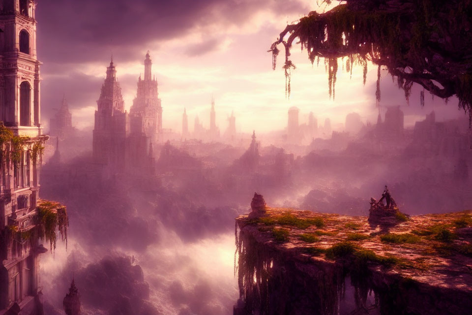 Mystical landscape with floating islands and ancient structures in dreamlike purple haze