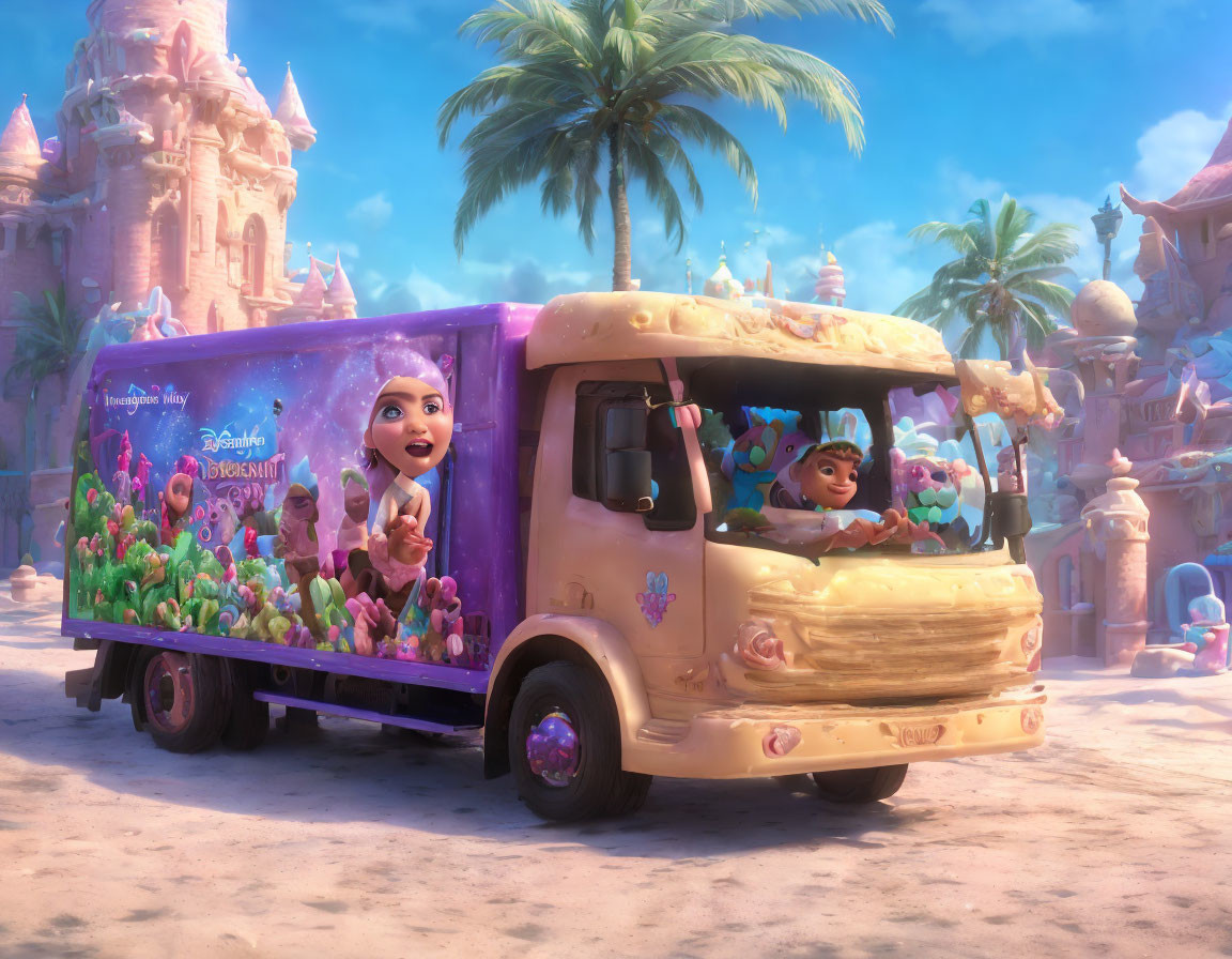 Vibrant delivery truck in Barbie-themed animated scene.