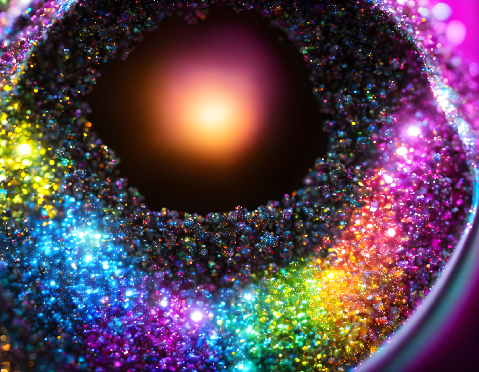 Colorful Glitter Close-Up with Glowing Circular Void