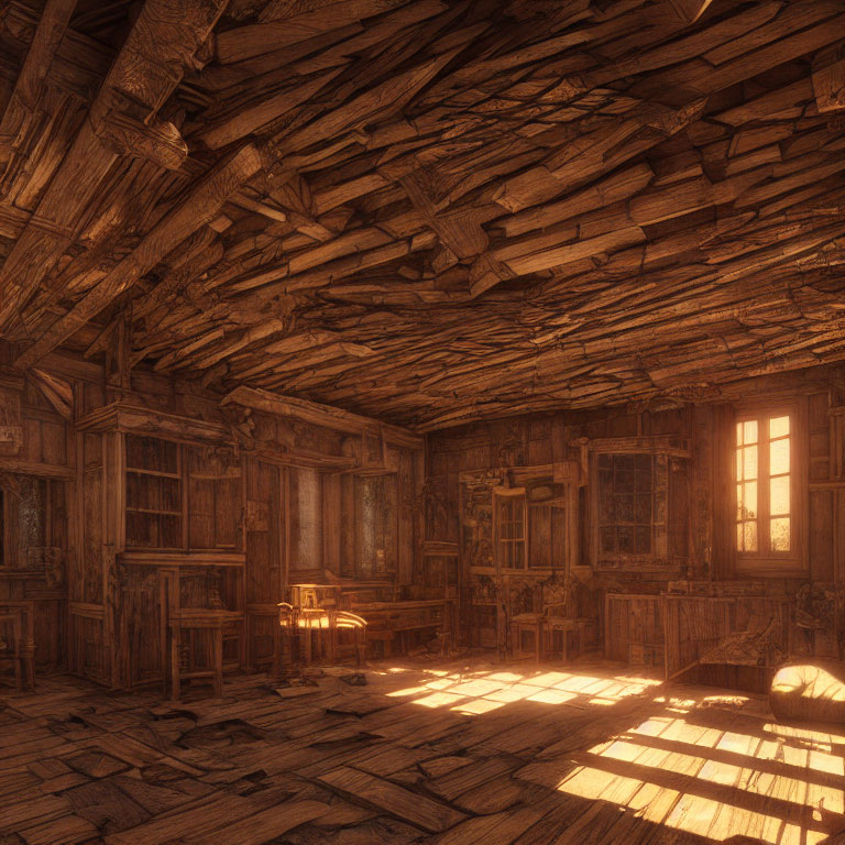 Rustic wooden cabin interior with sunlight streaming through window