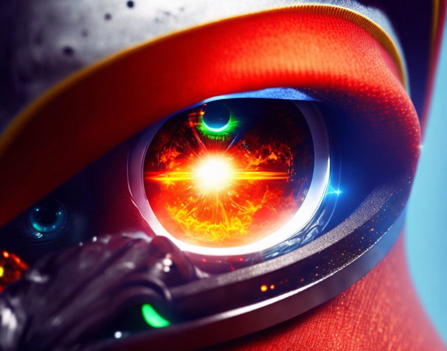 Robot's Eye Reflecting Circuitry and Explosion on Blue-Orange Gradient Background