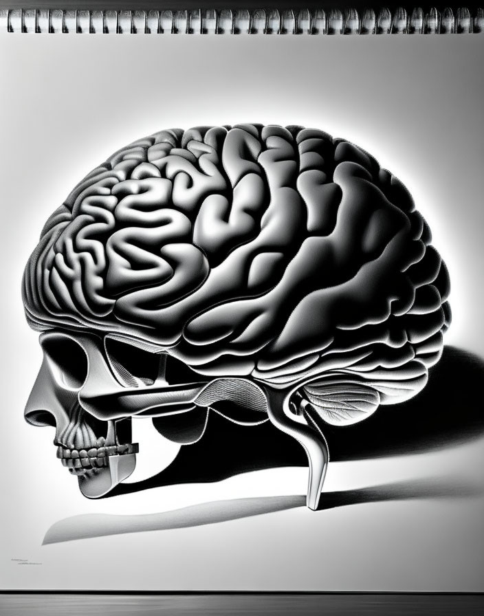 Monochrome human skull with detailed brain on plain background