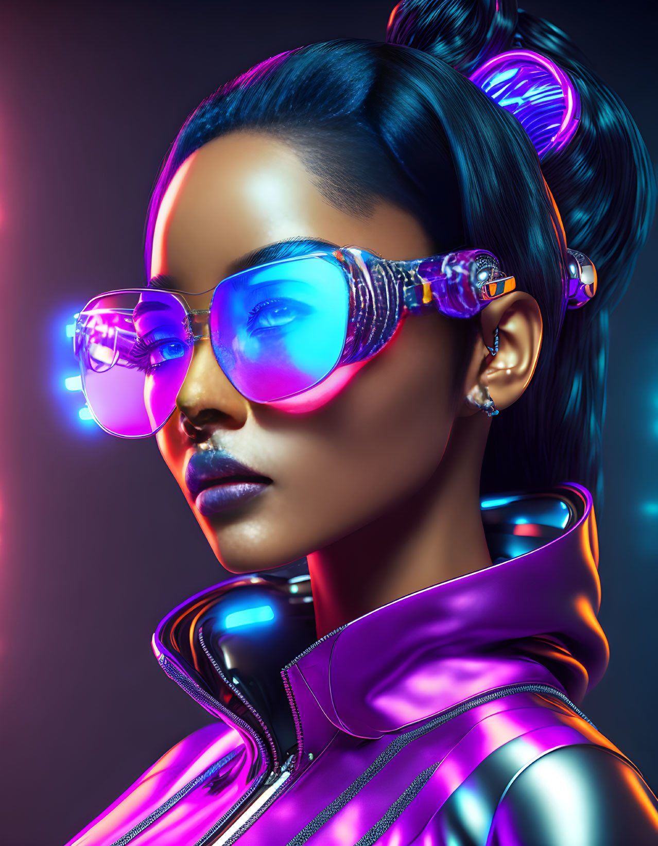 Futuristic 3D digital art portrait of woman with neon lights and purple jacket