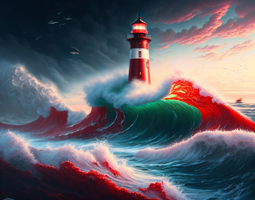 Colorful artwork of red and white lighthouse in stormy seas under dramatic sky