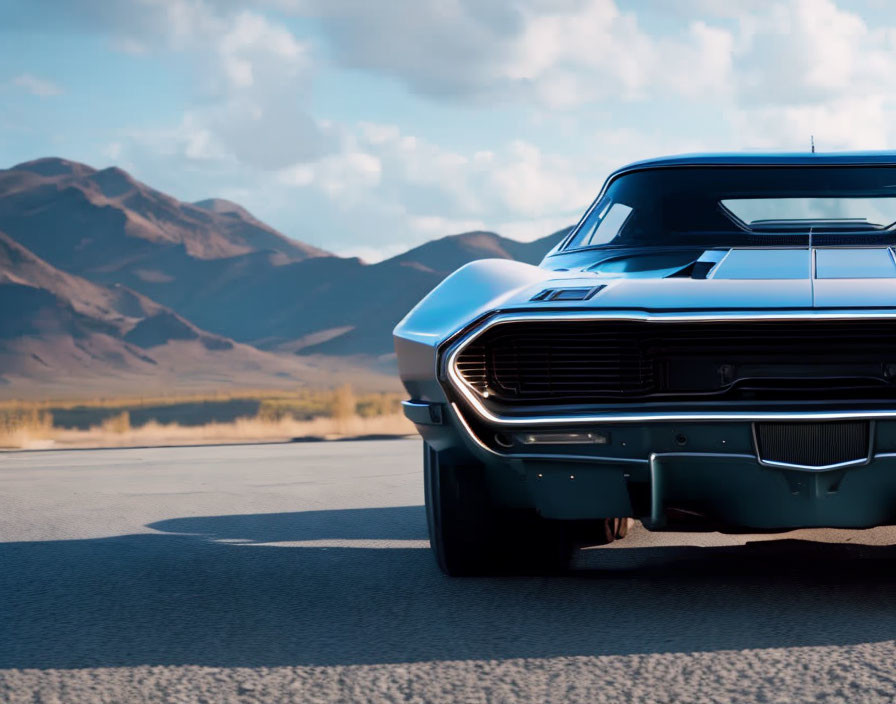 Vintage muscle car driving on open road with mountain backdrop