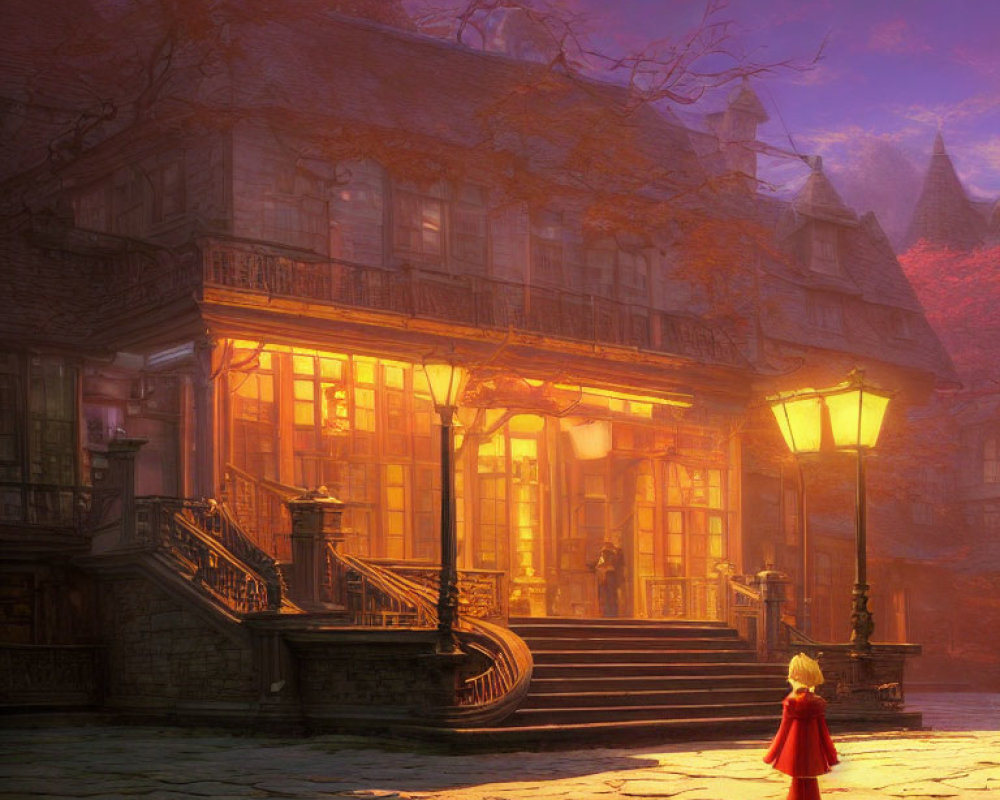 Child in Red Coat Gazes at Cozy Stone House at Twilight