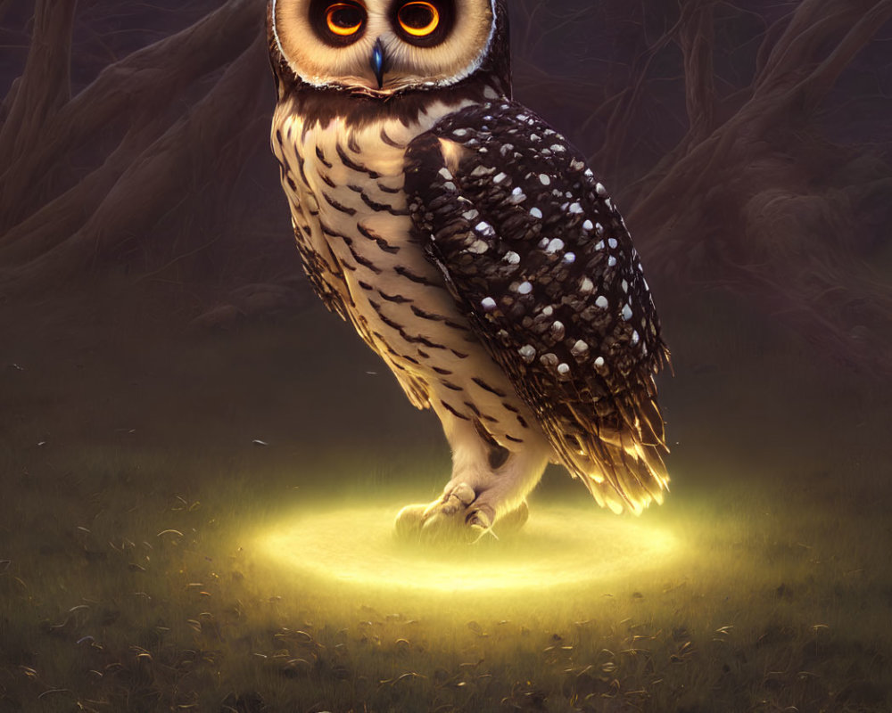 Majestic owl with glowing eyes in luminous forest circle