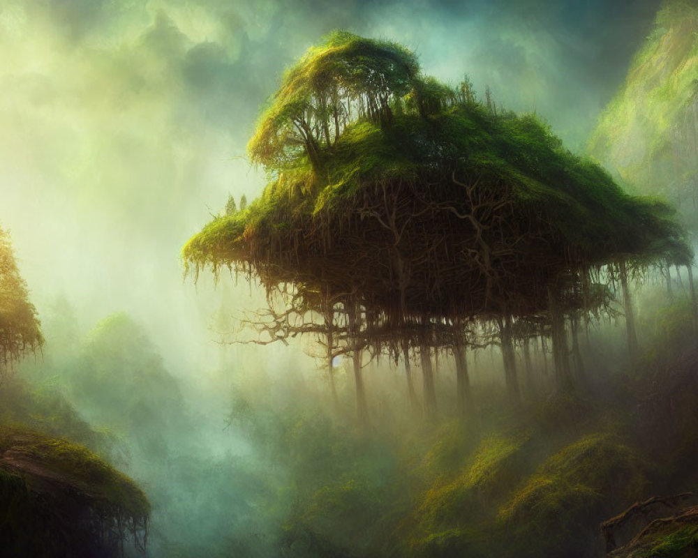 Mystical floating island above lush forest with misty aura