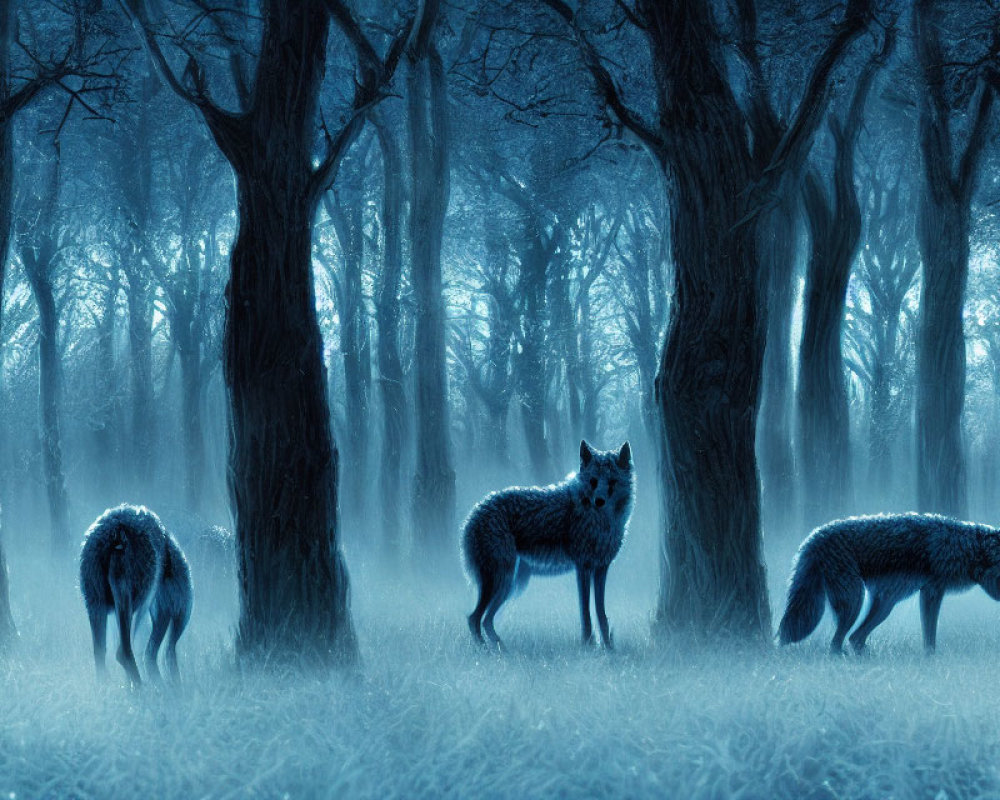 Mystical blue forest with three wolves in foggy setting