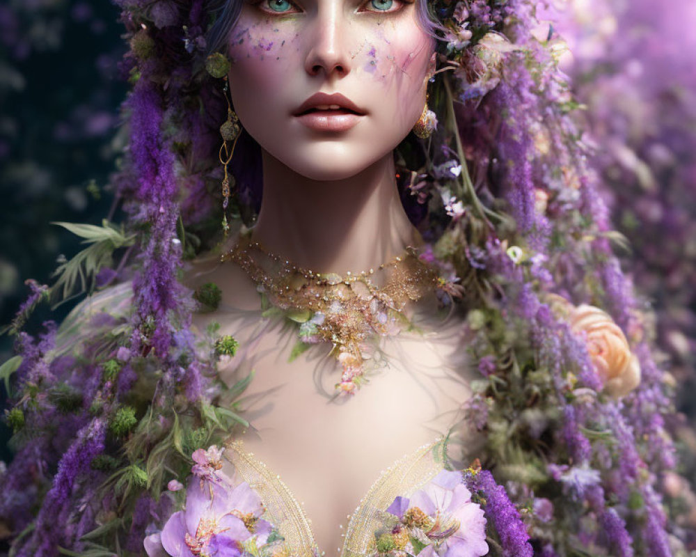 Fantasy-themed portrait of woman with purple floral embellishments