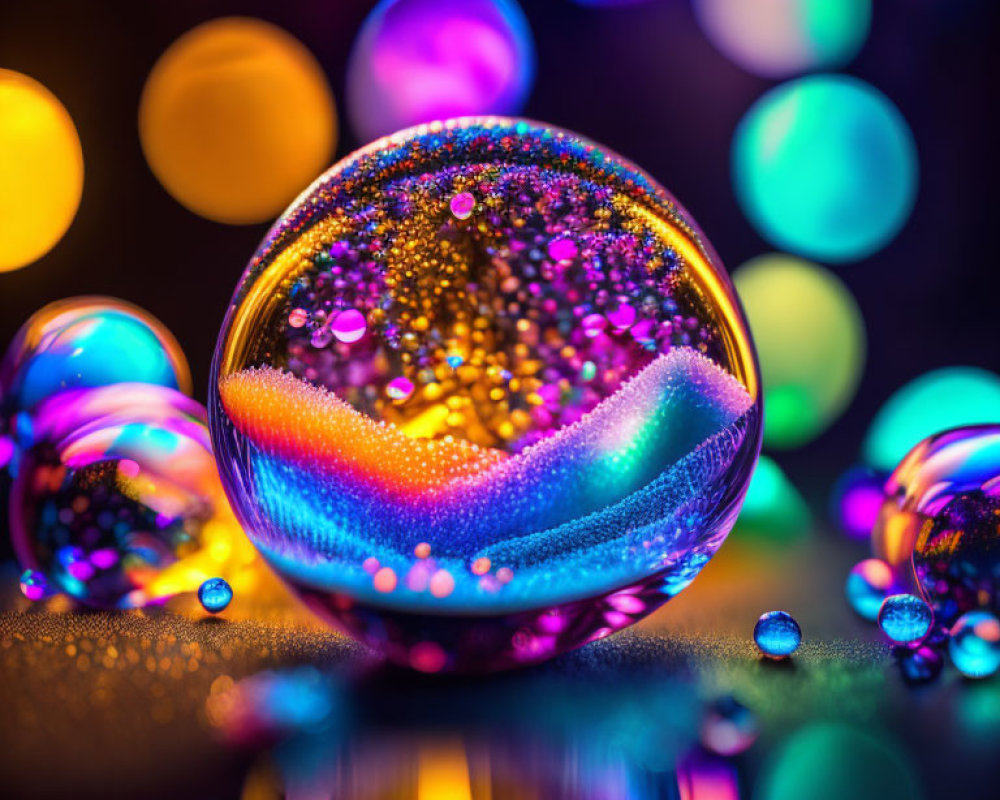 Crystal Ball with Colorful Bokeh Lights and Reflections