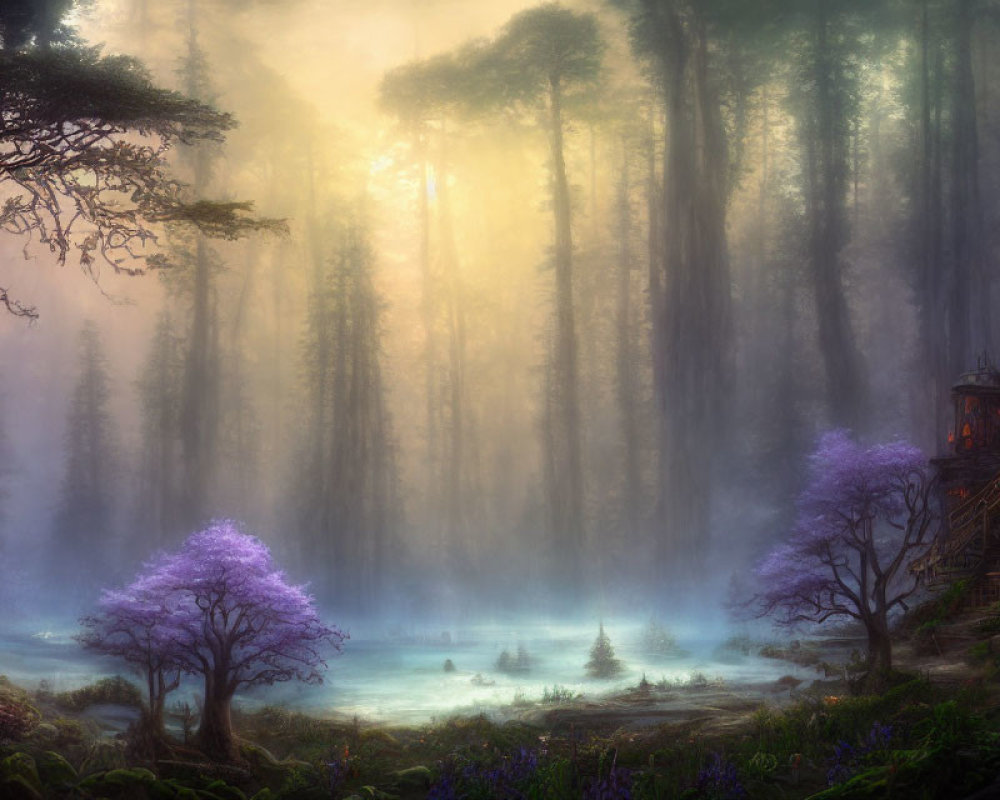 Enchanting forest scene with fog, tall trees, cabin, purple trees, and blue pond