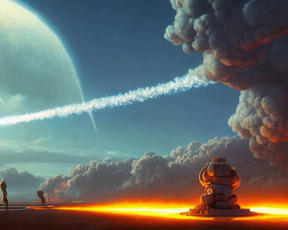 Sci-Fi Landscape: Person Watching Spaceship Launch on Giant Planet