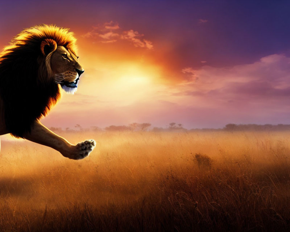 Majestic lion walking on misty savanna at sunset