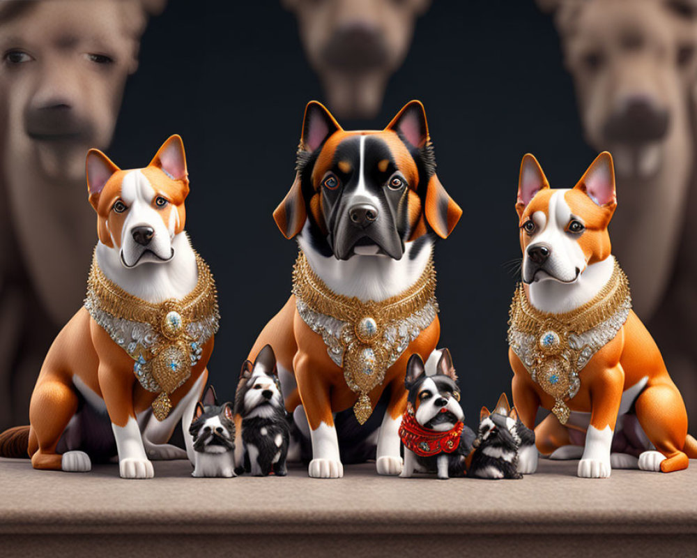 Regal Dogs with Gold Necklaces and Puppies in Front