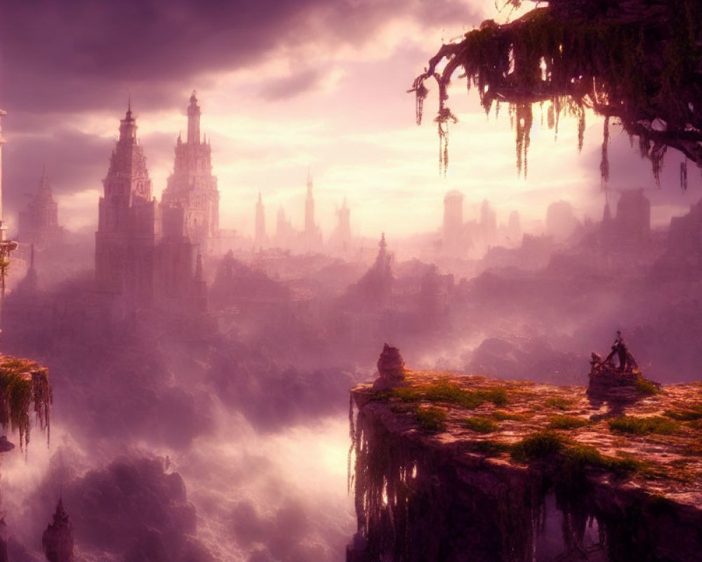 Mystical landscape with floating islands and ancient structures in dreamlike purple haze