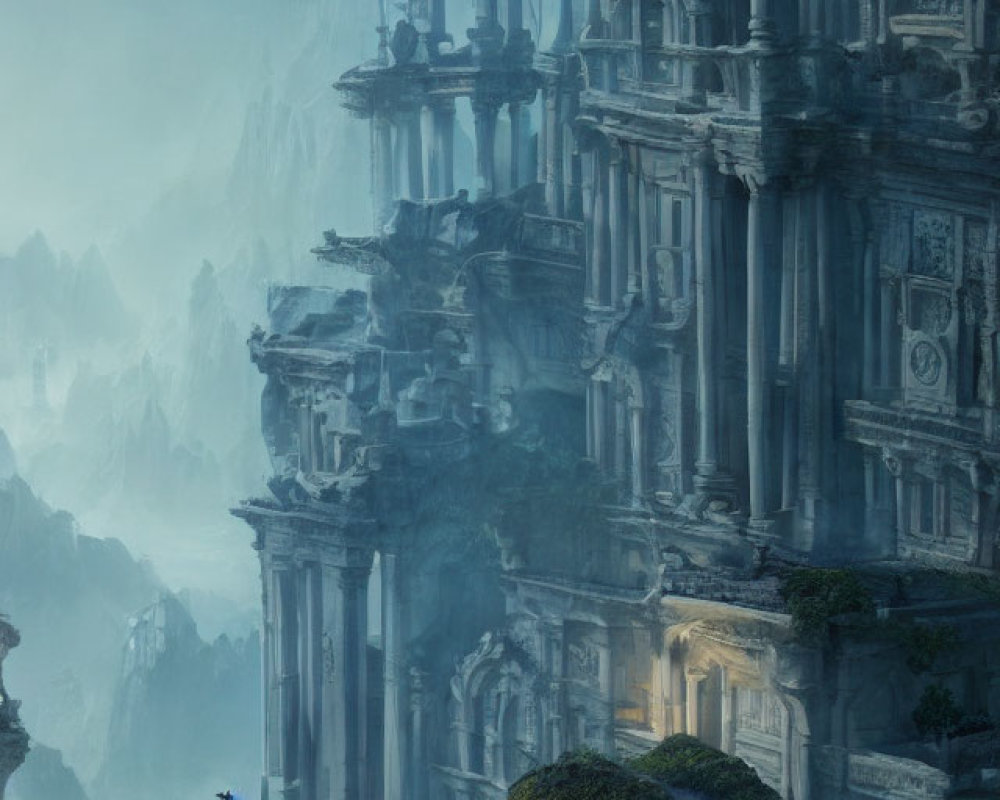 Ancient ruins and lone figure in foggy mountain landscape