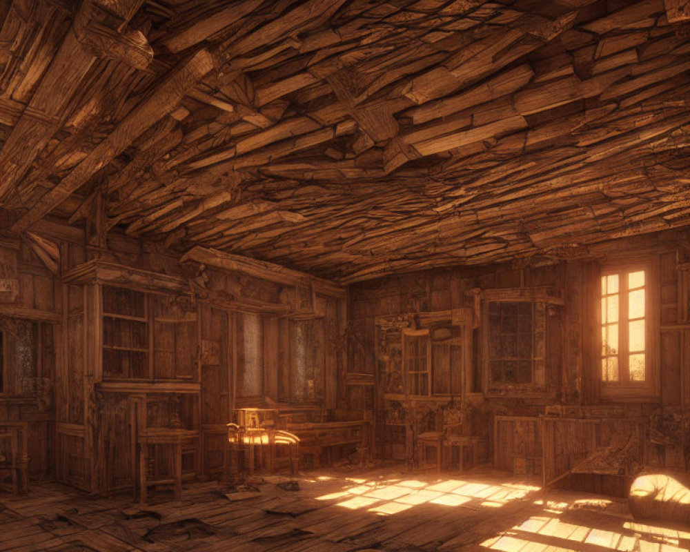 Rustic wooden cabin interior with sunlight streaming through window