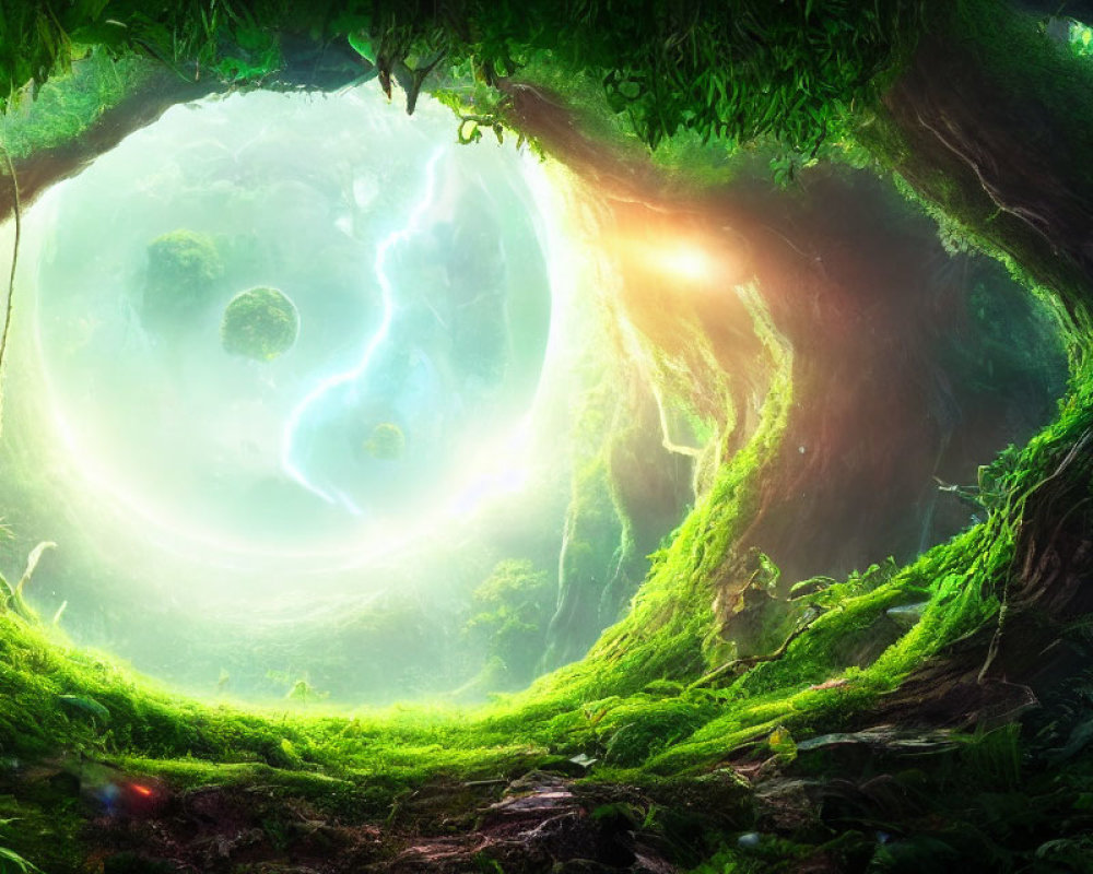 Mystical forest clearing with glowing orbs in fantastical sky