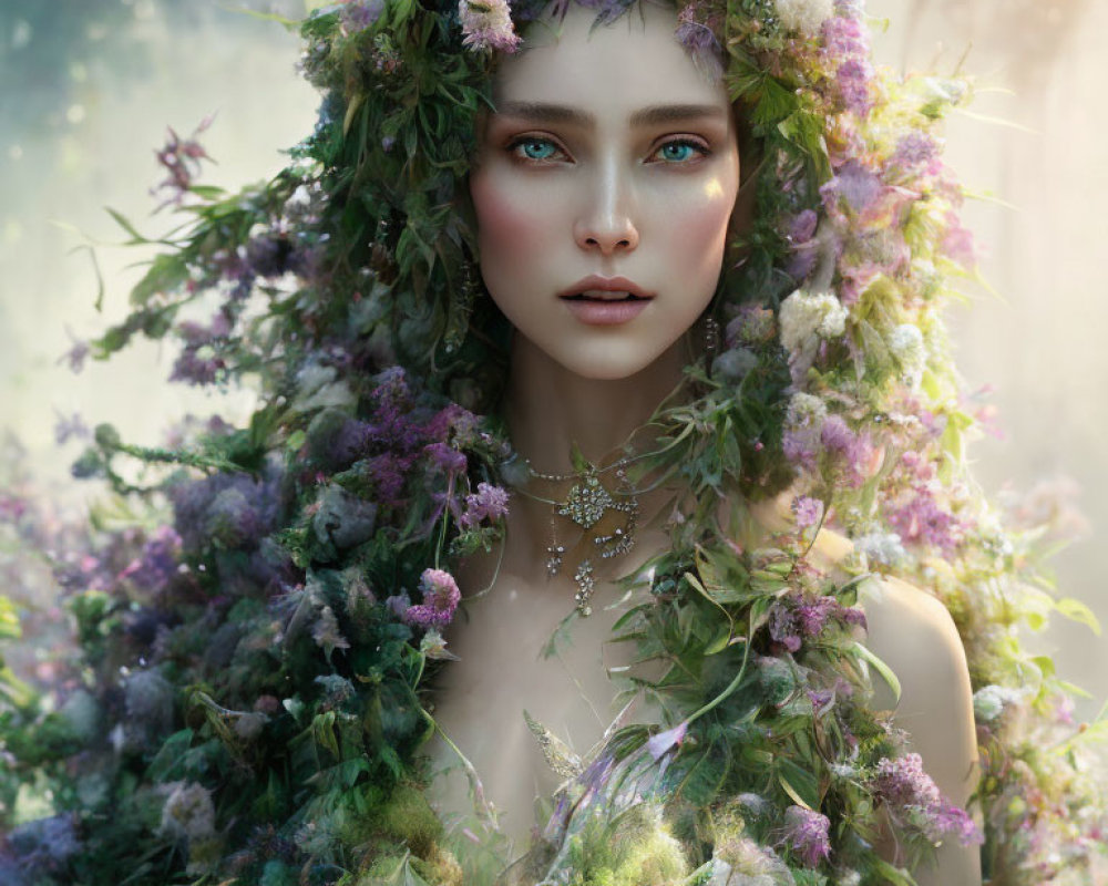 Portrait of woman with floral wreath in mystical light among blooming setting