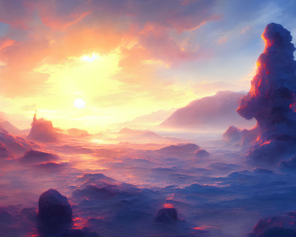 Misty clouds over lava sea under vibrant sunset sky