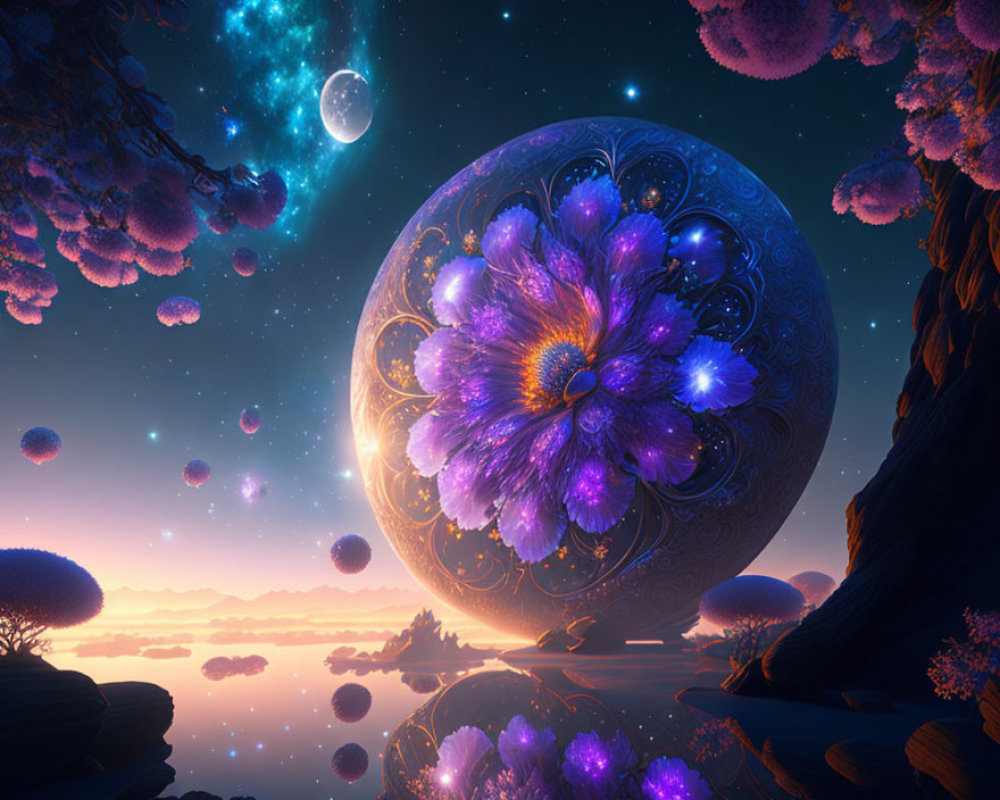 Surreal landscape with ornate floral sphere and floating islands