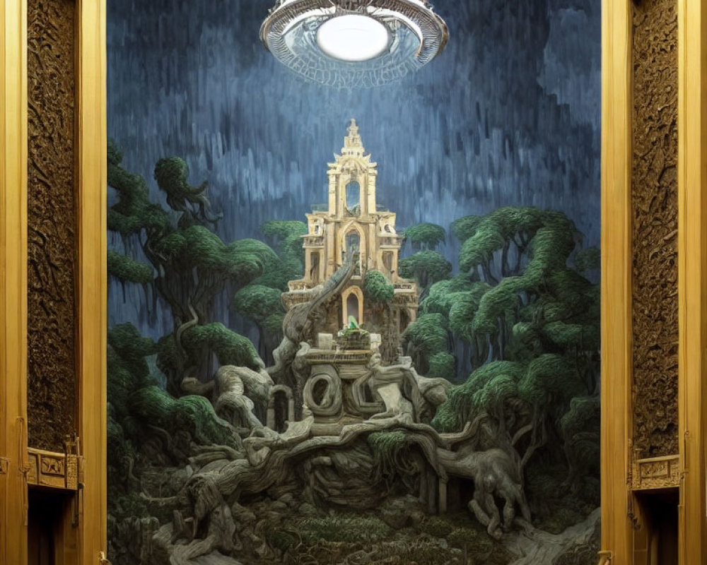 Large ornate painting of fantastical tree with castle in lush forest, under chandelier