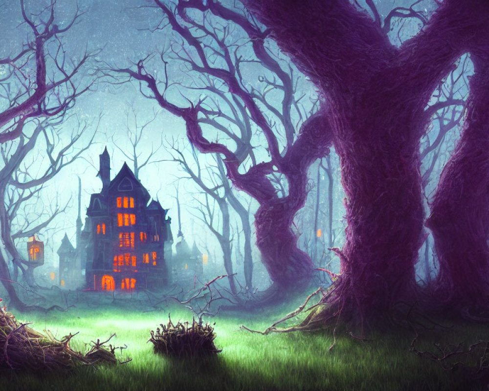 Eerie forest scene: spooky mansion among twisted trees