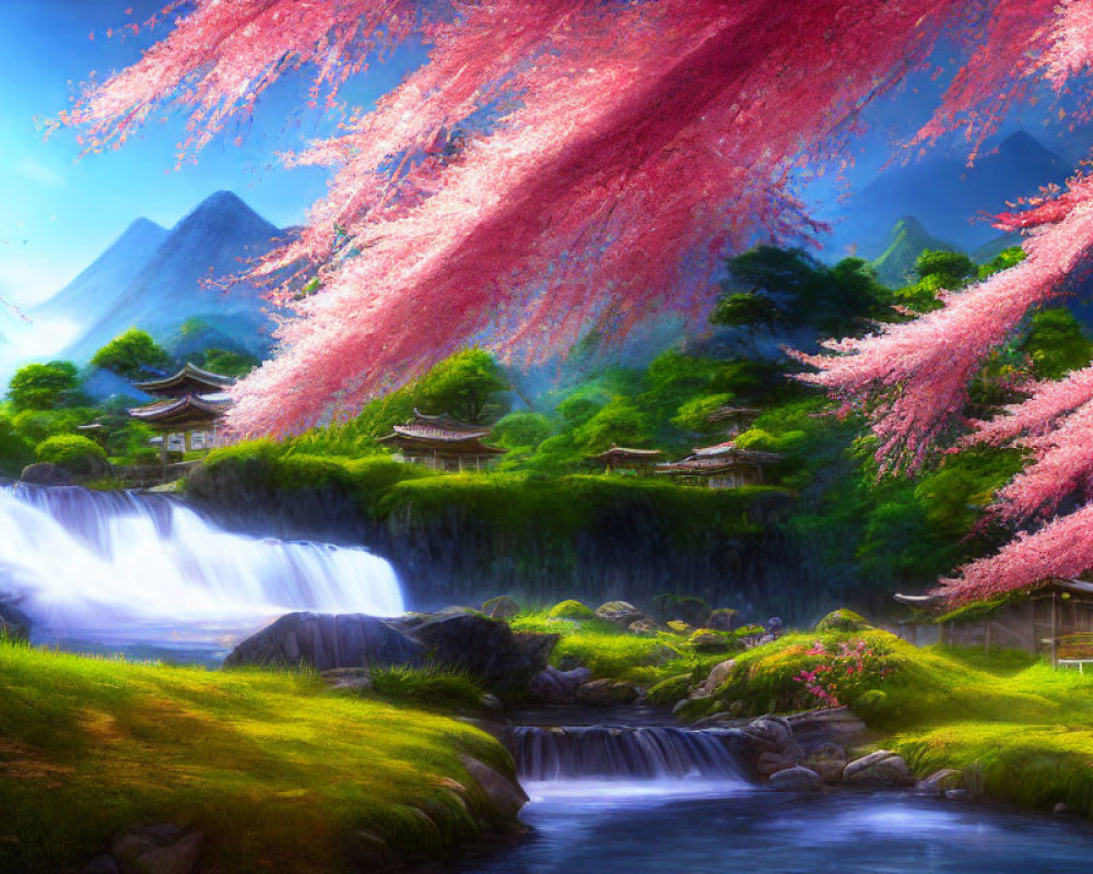 Tranquil landscape with cherry blossoms, waterfall, and traditional buildings.