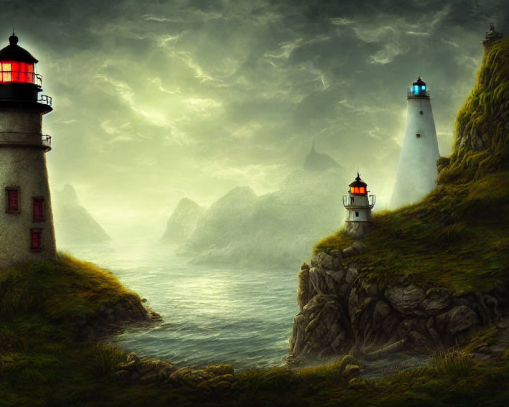 Three lighthouses on rocky outcrops under dramatic cloudy sky