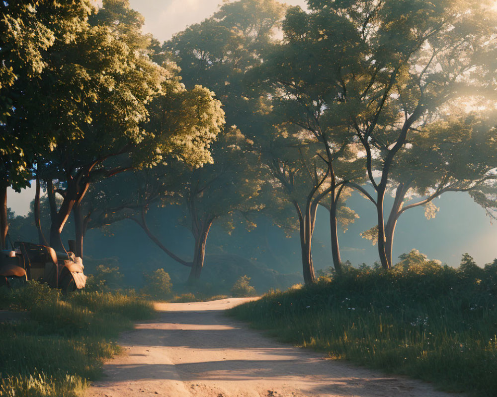 Tranquil dirt road surrounded by green trees and grass in soft light