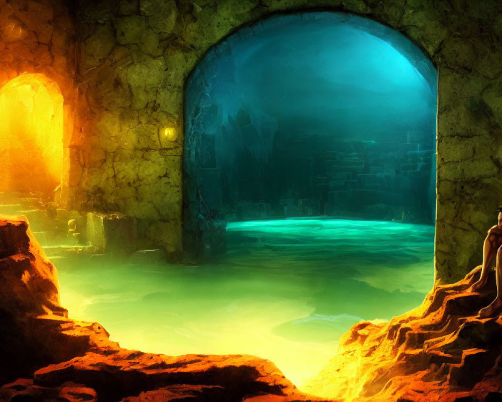 Person sitting by luminous pool in mystical cavern with glowing archways