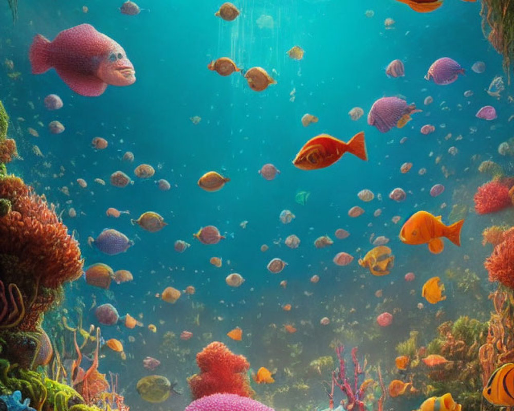 Colorful Fish Swimming Amongst Coral Reefs in Vibrant Underwater Scene